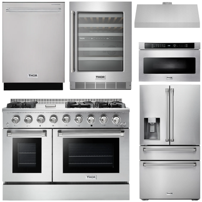 THOR Kitchen Package - 48" Gas Range, Range Hood, Refrigerator with Water and Ice Dispenser, Dishwasher, Microwave, Wine Cooler, AP-HRG4808U-14
