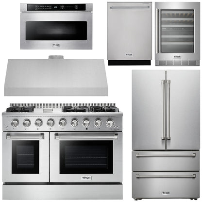 THOR Kitchen Package - 48" Gas Range, Range Hood, Refrigerator, Dishwasher, Microwave, Wine Cooler, AP-HRG4808U-8