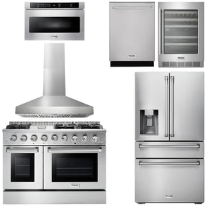 THOR Kitchen Package - 48" Gas Range, Range Hood, Refrigerator with Water and Ice Dispenser, Dishwasher, Microwave, Wine Cooler, AP-HRG4808U-W-10