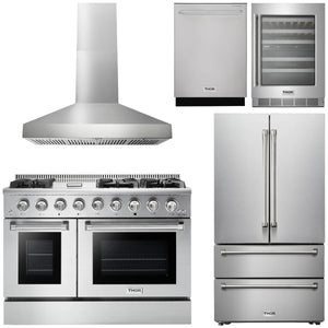 THOR Kitchen Package - 48" Gas Range, Range Hood, Refrigerator, Dishwasher, Wine Cooler, AP-HRG4808U-W-3