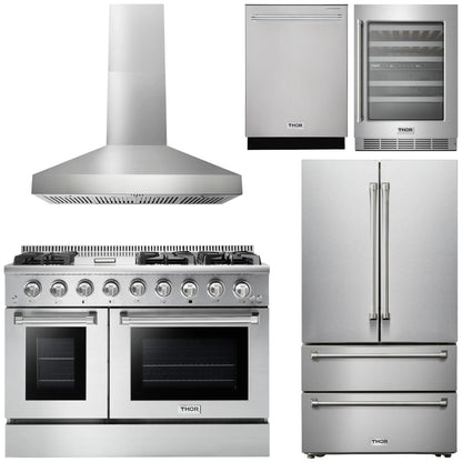 THOR Kitchen Package - 48" Gas Range, Range Hood, Refrigerator, Dishwasher, Wine Cooler, AP-HRG4808U-W-3