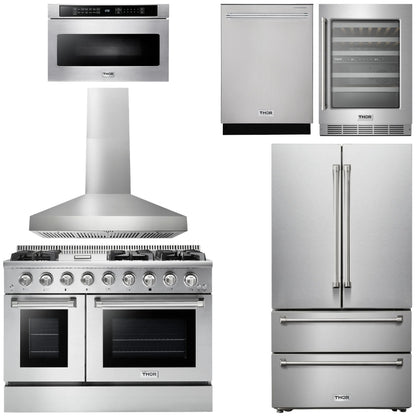 THOR Kitchen Package - 48" Gas Range, Range Hood, Refrigerator, Dishwasher, Microwave, Wine Cooler, AP-HRG4808U-W-6
