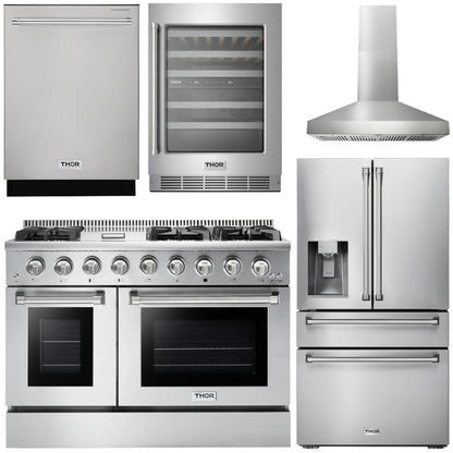 THOR Kitchen Package - 48" Gas Range, Range Hood, Refrigerator with Water and Ice Dispenser, Dishwasher, Wine Cooler, AP-HRG4808U-W-8