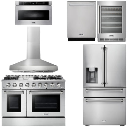 THOR Kitchen Package - 48" Propane Gas Range, Range Hood, Refrigerator with Water and Ice Dispenser, Dishwasher, Microwav, Wine Cooler