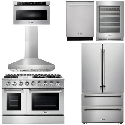 THOR Kitchen Package - 48" Propane Gas Range, Range Hood, Refrigerator, Dishwasher, Microwave, Wine Cooler, AP-HRG4808ULP-W-6