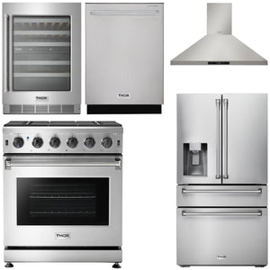 THOR Kitchen Package - 30" Gas Range, Range Hood, Refrigerator with Water and Ice Dispenser, Dishwasher, Wine Cooler, AP-LRG3001U-11
