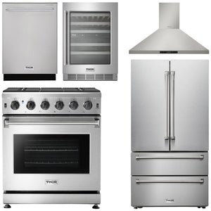 THOR Kitchen Package - 30" Gas Range, Range Hood, Refrigerator, Dishwasher, Wine Cooler, AP-LRG3001U-4