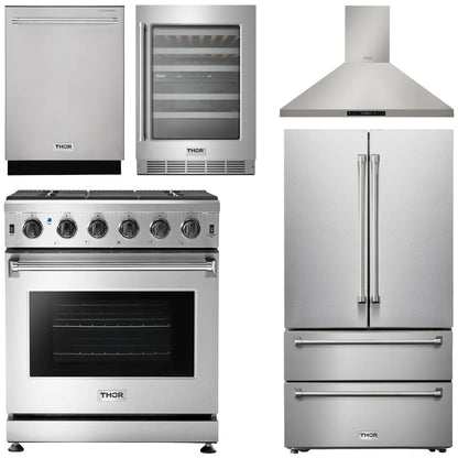 THOR Kitchen Package - 30" Gas Range, Range Hood, Refrigerator, Dishwasher, Wine Cooler, AP-LRG3001U-4