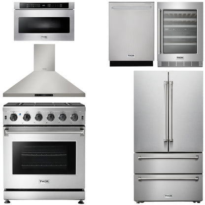 THOR Kitchen Package - 30" Gas Range, Range Hood, Microwave, Refrigerator, Dishwasher, Wine Cooler, AP-LRG3001U-8