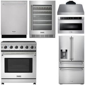 THOR Kitchen Package - 30" Gas Range, Range Hood, Microwave, Refrigerator with Water and Ice Dispenser, Dishwasher, Wine Cooler, AP-LRG3001U-C-10