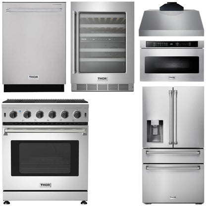 THOR Kitchen Package - 30" Gas Range, Range Hood, Microwave, Refrigerator with Water and Ice Dispenser, Dishwasher, Wine Cooler, AP-LRG3001U-C-10