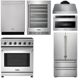 THOR Kitchen Package - 30" Gas Range, Range Hood, Microwave, Refrigerator, Dishwasher, Wine Cooler, AP-LRG3001U-C-6