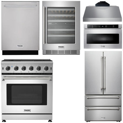 THOR Kitchen Package - 30" Gas Range, Range Hood, Microwave, Refrigerator, Dishwasher, Wine Cooler, AP-LRG3001U-C-6