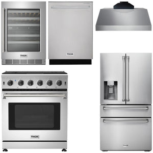THOR Kitchen Package - 30" Gas Range, Range Hood, Refrigerator with Water and Ice Dispenser, Dishwasher, Wine Cooler, AP-LRG3001U-C-8