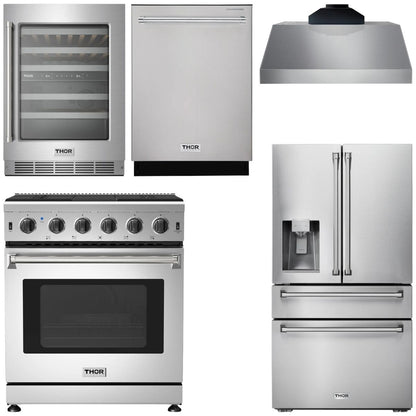 THOR Kitchen Package - 30" Gas Range, Range Hood, Refrigerator with Water and Ice Dispenser, Dishwasher, Wine Cooler, AP-LRG3001U-C-8