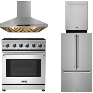 THOR Kitchen Package - 30" Natural Gas Range, Wall Mount Range Hood, 36" French Door Refrigerator with Ice Maker & Water Dispenser, Dishwasher, AP-LRG3001U-FD