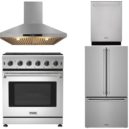 THOR Kitchen Package - 30" Natural Gas Range, Wall Mount Range Hood, 36" French Door Refrigerator with Ice Maker & Water Dispenser, Dishwasher, AP-LRG3001U-FD