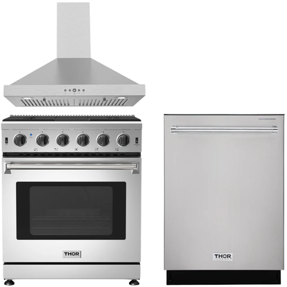 THOR Kitchen Package - 30" Natural Gas Range, Wall Mount Range Hood, Dishwasher, AP-LRG3001U-TRH3035-3