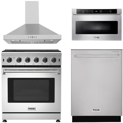THOR Kitchen Package - 30" Natural Gas Range, Wall Mount Range Hood, 24" Microwave Drawer, Dishwasher, AP-LRG3001U-TRH3035-4M