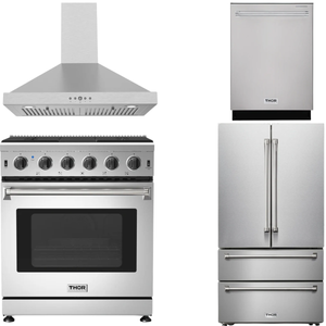 THOR Kitchen Package - 30" Natural Gas Range, Wall Mount Range Hood, Dishwasher, 36" French Door Refrigerator with Ice Maker, AP-LRG3001U-TRH3035-4R