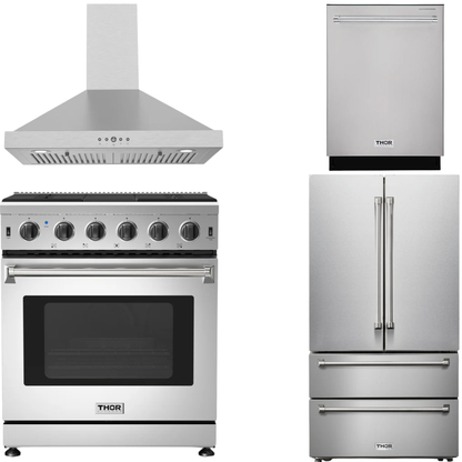 THOR Kitchen Package - 30" Natural Gas Range, Wall Mount Range Hood, Dishwasher, 36" French Door Refrigerator with Ice Maker, AP-LRG3001U-TRH3035-4R