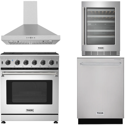 THOR Kitchen Package - 30" Natural Gas Range, Wall Mount Range Hood, Dishwasher, Wine Cooler, AP-LRG3001U-TRH3035-4W