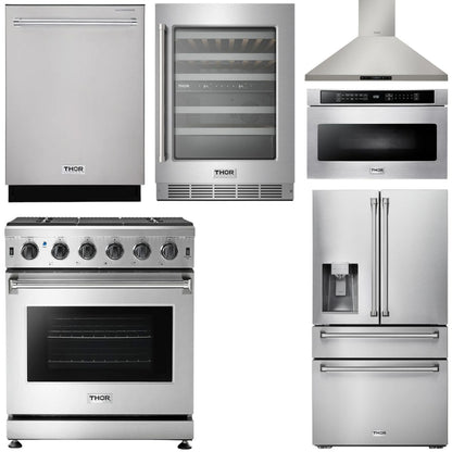 THOR Kitchen Package - 30" Gas Range, Range Hood, Microwave, Refrigerator with Water and Ice Dispenser, Dishwasher, Wine Cooler, AP-LRG3001U-W-10