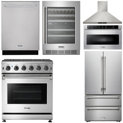 THOR Kitchen Package - 30" Propane Gas Range, Range Hood, Microwave, Refrigerator, Dishwasher, Wine Cooler, AP-LRG3001ULP-20