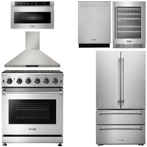 THOR Kitchen Package - 30" Propane Gas Range, Range Hood, Microwave, Refrigerator, Dishwasher, Wine Cooler, AP-LRG3001ULP-8