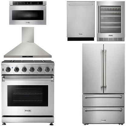 THOR Kitchen Package - 30" Propane Gas Range, Range Hood, Microwave, Refrigerator, Dishwasher, Wine Cooler, AP-LRG3001ULP-8