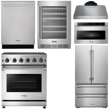 THOR Kitchen Package - 30" Propane Gas Range, Range Hood, Microwave, Refrigerator, Dishwasher, Wine Cooler, AP-LRG3001ULP-C-6