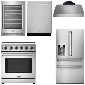 THOR Kitchen Package - 30" Propane Gas Range, Range Hood, Refrigerator with Water and Ice Dispenser, Dishwasher, Wine Cooler, AP-LRG3001ULP-C-8