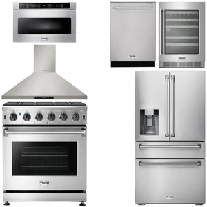 THOR Kitchen Package - 30" Propane Gas Range, Range Hood, Microwave, Refrigerator with Water and Ice Dispenser, Dishwasher, Wine Cooler