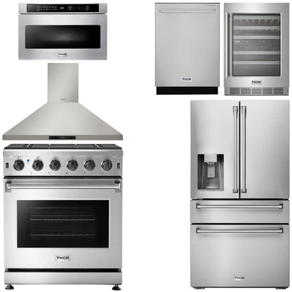 THOR Kitchen Package - 30" Propane Gas Range, Range Hood, Microwave, Refrigerator with Water and Ice Dispenser, Dishwasher, Wine Cooler
