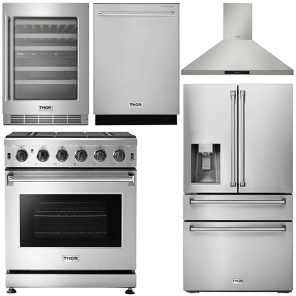 THOR Kitchen Package - 30" Propane Gas Range, Range Hood, Refrigerator with Water and Ice Dispenser, Dishwasher, Wine Cooler