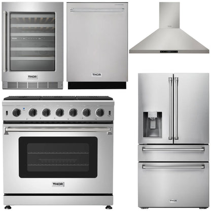 THOR Kitchen Package - 36" Gas Range, Range Hood, Refrigerator with Water and Ice Dispenser, Dishwasher, Wine Cooler, AP-LRG3601U-11