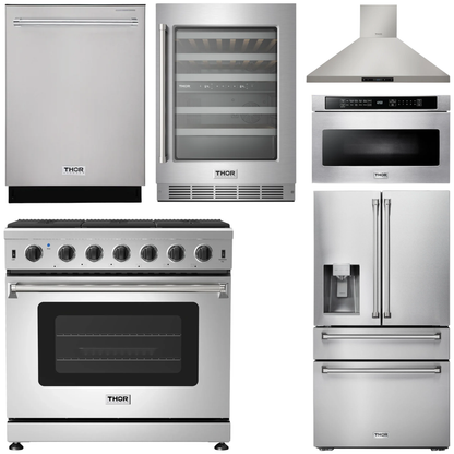 THOR Kitchen Package - 36" Gas Range, Range Hood, Microwave, Refrigerator with Fridge and Ice Maker, Dishwasher, Wine Cooler, AP-LRG3601U-14