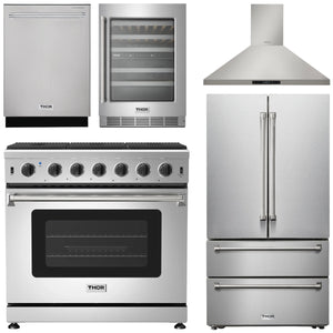THOR Kitchen Package - 36" Gas Range, Range Hood, Refrigerator, Dishwasher, Wine Cooler, AP-LRG3601U-4