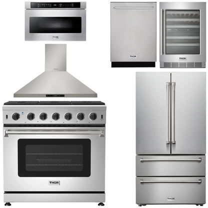 THOR Kitchen Package - 36" Gas Range, Range Hood, Microwave, Refrigerator, Dishwasher, Wine Cooler, AP-LRG3601U-8