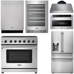 THOR Kitchen Package - 36" Gas Range, Range Hood, Microwave, Refrigerator with Fridge and Ice Maker, Dishwasher, Wine Cooler, AP-LRG3601U-C-10