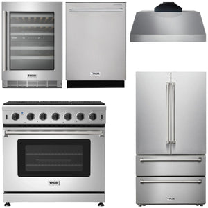 THOR Kitchen Package - 36" Gas Range, Range Hood, Refrigerator, Dishwasher, Wine Cooler, AP-LRG3601U-C-3