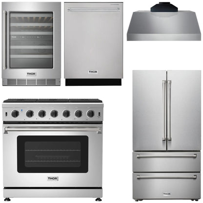 THOR Kitchen Package - 36" Gas Range, Range Hood, Refrigerator, Dishwasher, Wine Cooler, AP-LRG3601U-C-3