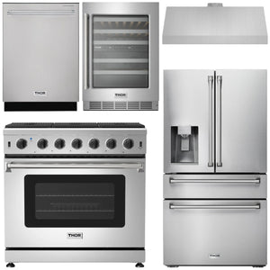 THOR Kitchen Package - 36" Gas Range, Range Hood, Refrigerator with Water and Ice Dispenser, Dishwasher, Wine Cooler, AP-LRG3601U-C-8