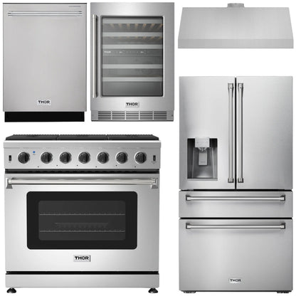 THOR Kitchen Package - 36" Gas Range, Range Hood, Refrigerator with Water and Ice Dispenser, Dishwasher, Wine Cooler, AP-LRG3601U-C-8