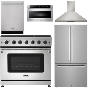 THOR Kitchen Package - 36" Natural Gas Range, Wall Mount Range Hood, 36" French Door Refrigerator with Ice Maker & Water Dispenser, Dishwasher, 24" Microwave Drawer, AP-LRG3601U-FD-5