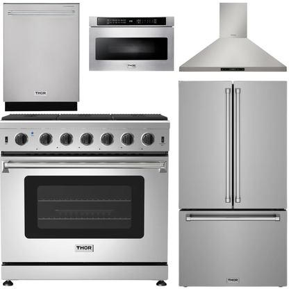 THOR Kitchen Package - 36" Natural Gas Range, Wall Mount Range Hood, 36" French Door Refrigerator with Ice Maker & Water Dispenser, Dishwasher, 24" Microwave Drawer, AP-LRG3601U-FD-5
