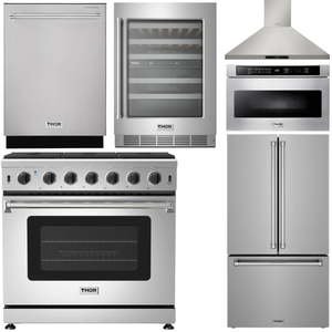 THOR Kitchen Package - 36" Natural Gas Range, Wall Mount Range Hood, 36" French Door Refrigerator with Ice Maker & Water Dispenser, Dishwasher, 24" Microwave Drawer, Wine Cooler, AP-LRG3601U-FD-6W
