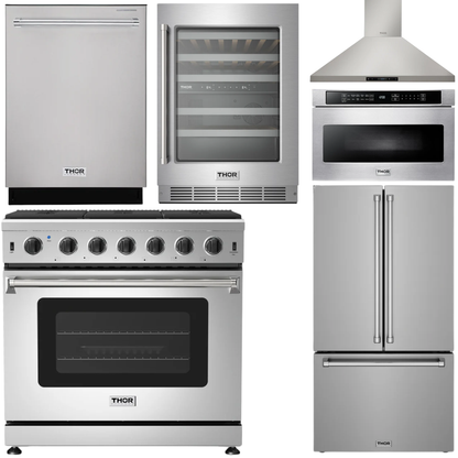 THOR Kitchen Package - 36" Natural Gas Range, Wall Mount Range Hood, 36" French Door Refrigerator with Ice Maker & Water Dispenser, Dishwasher, 24" Microwave Drawer, Wine Cooler, AP-LRG3601U-FD-6W