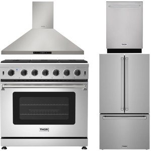 THOR Kitchen Package - 36" Natural Gas Range, Wall Mount Range Hood, 36" French Door Refrigerator with Ice Maker & Water Dispenser, Dishwasher, AP-LRG3601U-FD