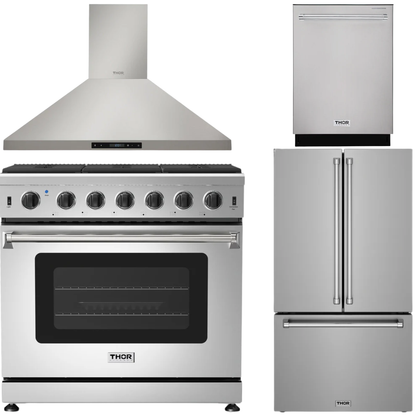 THOR Kitchen Package - 36" Natural Gas Range, Wall Mount Range Hood, 36" French Door Refrigerator with Ice Maker & Water Dispenser, Dishwasher, AP-LRG3601U-FD